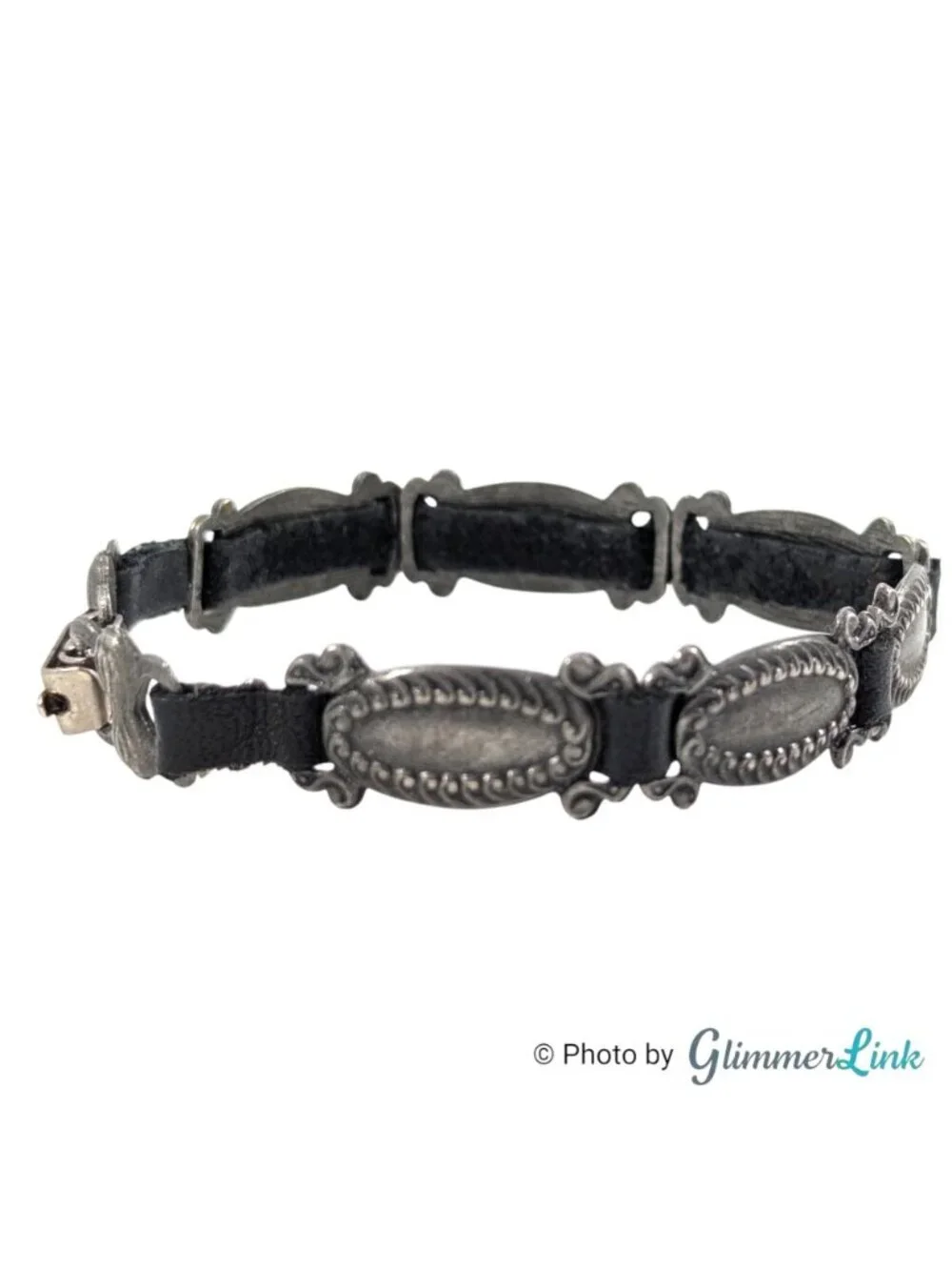 Vintage Western Concho Link Bracelet Black Leather Silver Tone 7 Inch